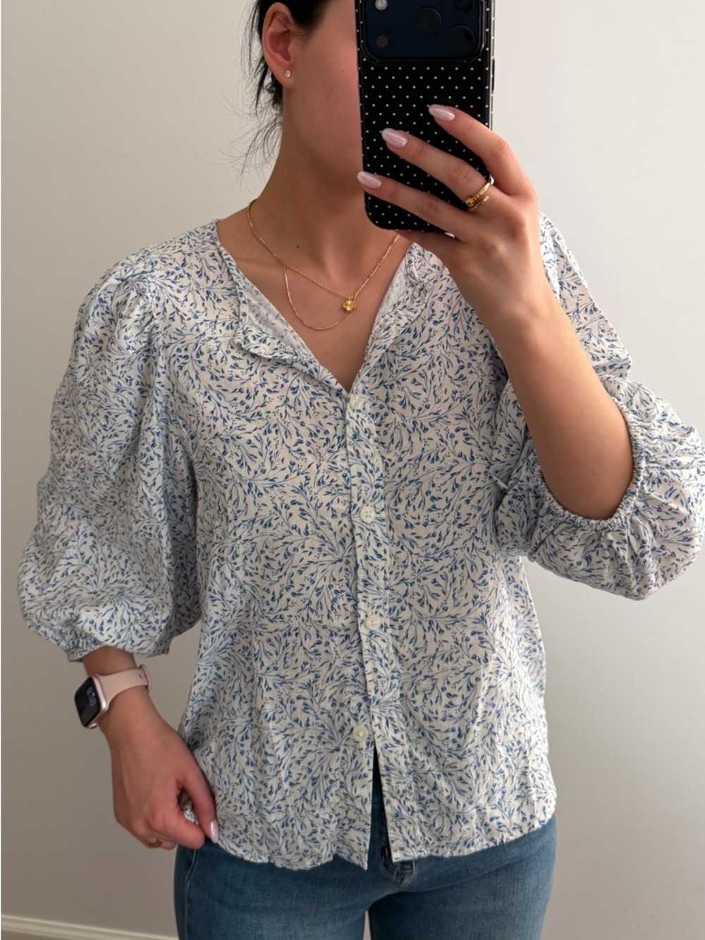 H&M Light Blue Floral Button linen blend Blouse